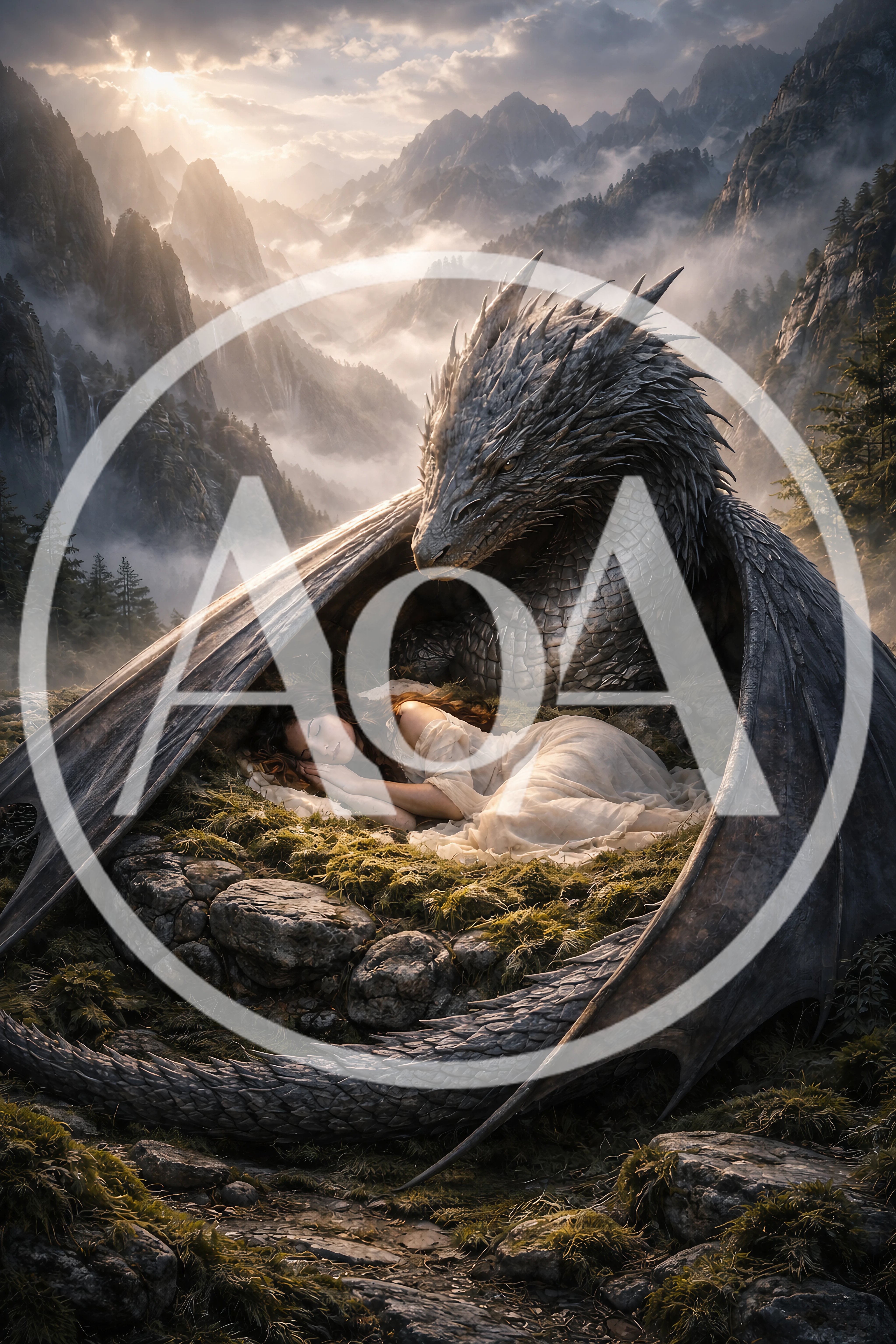 Woman Sleeping Protected By A Large Silver Dragon