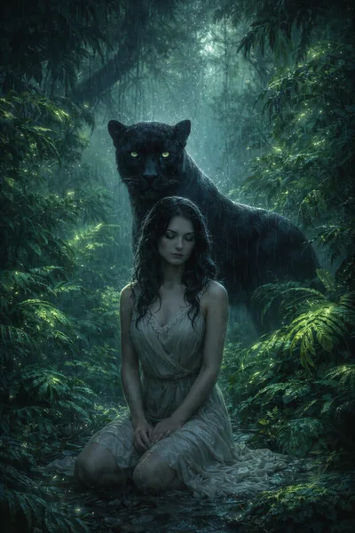 Woman Kneeling With A Black Panther In Rain