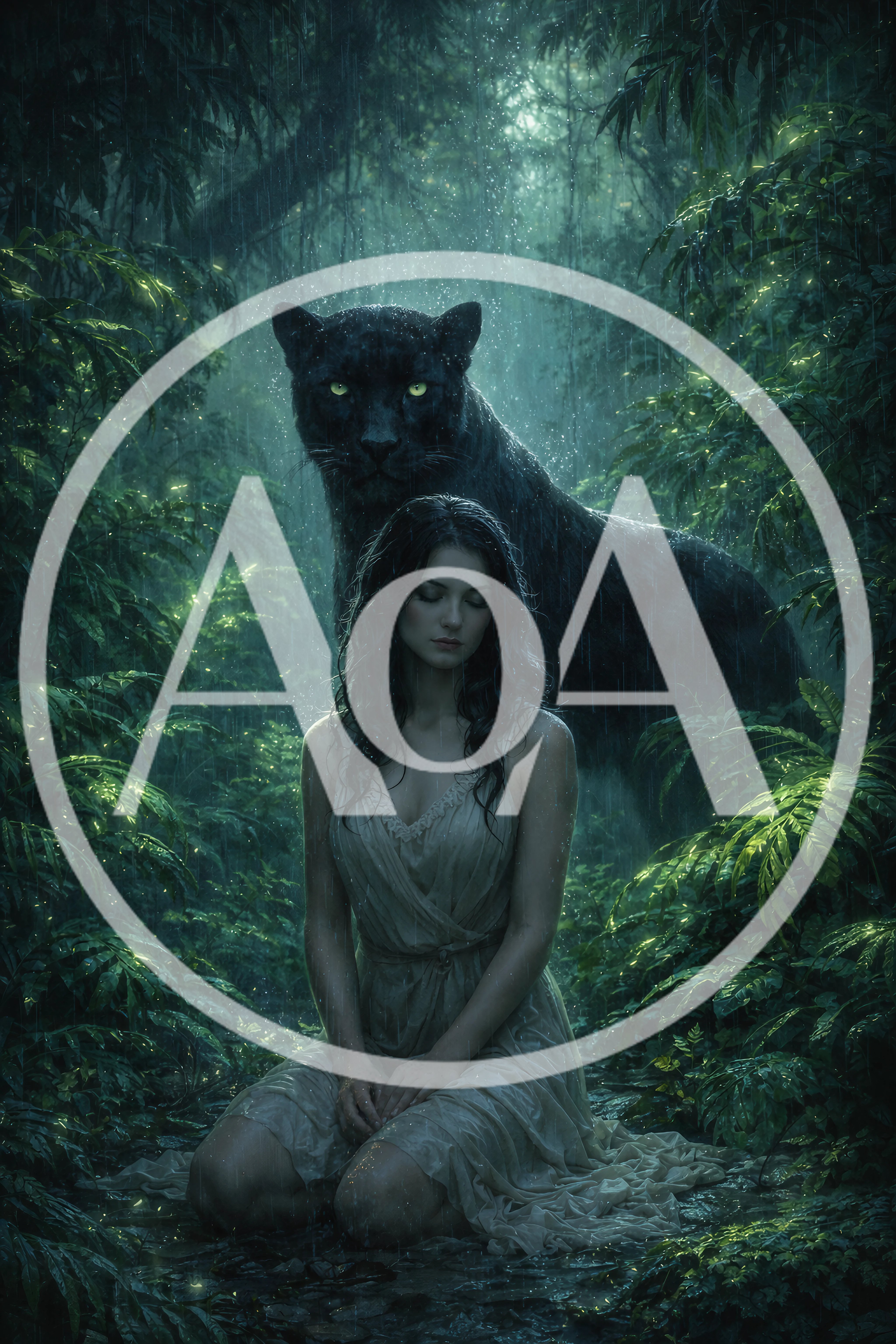 Woman Kneeling With A Black Panther In Rain