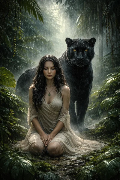 Woman Kneeling With A Black Panther In The Rain