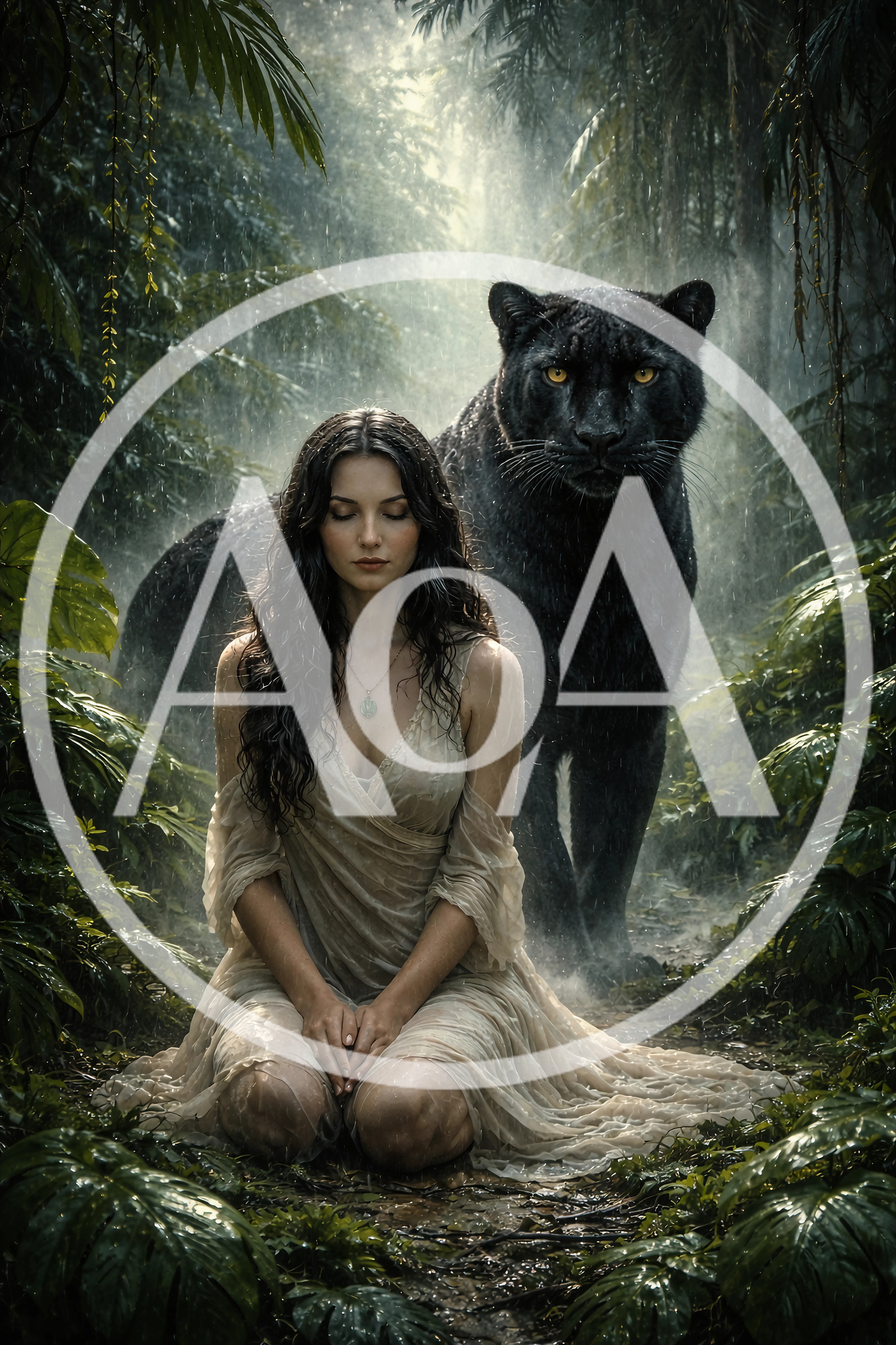 Woman Kneeling With A Black Panther In The Rain