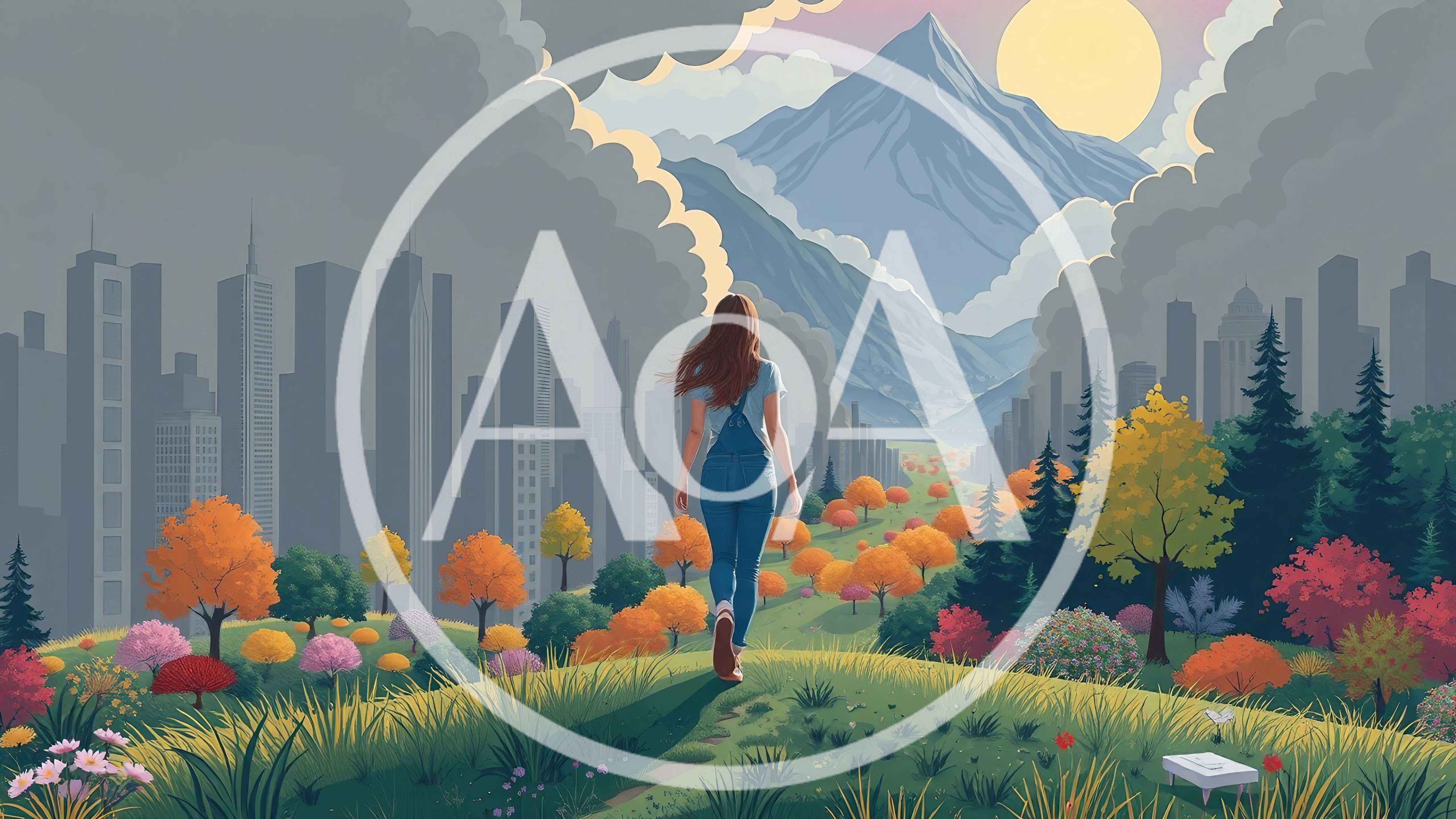 Woman Walking Towards Mountain Between City And Forest