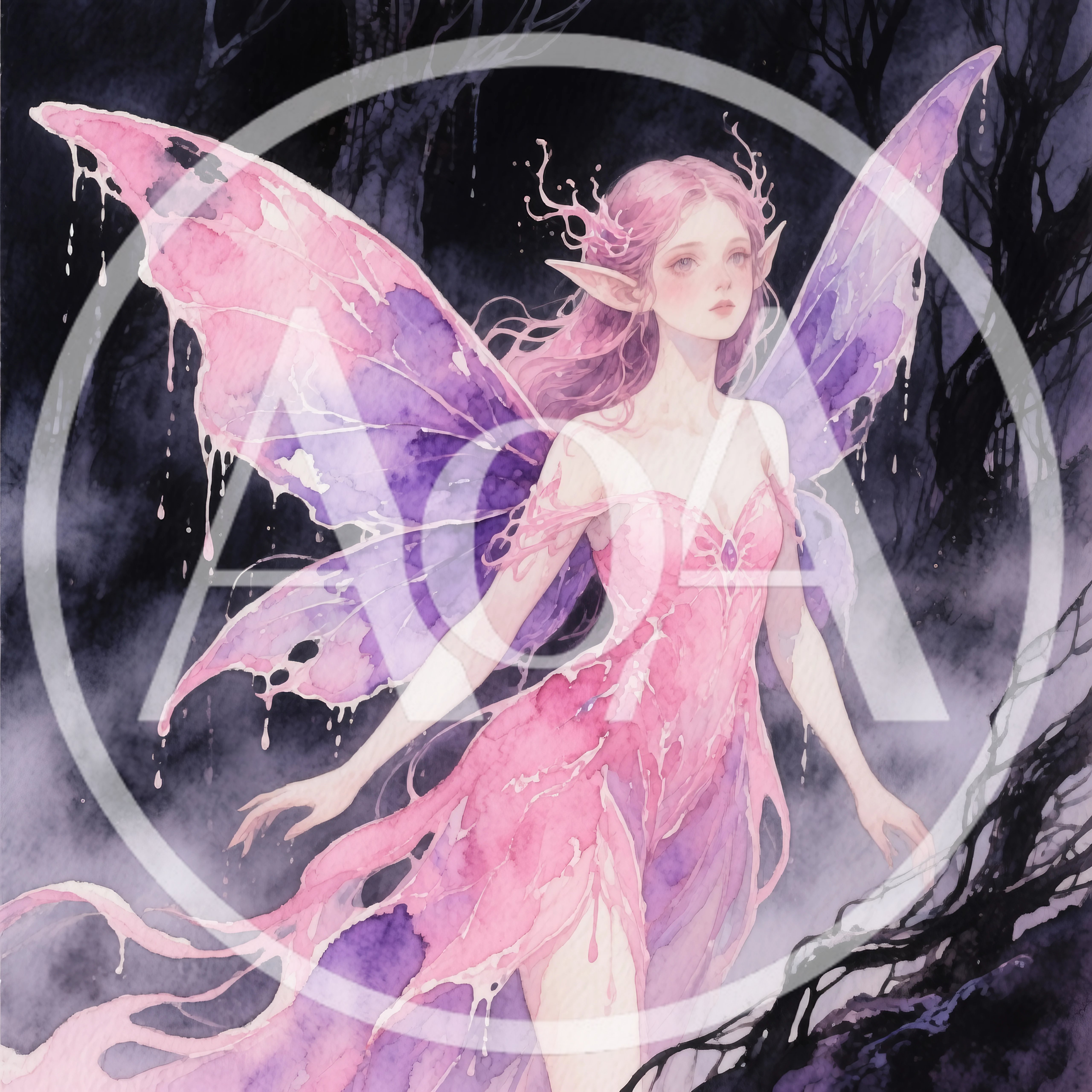 Ethereal Fairy With Pink Wings In Dark Forest