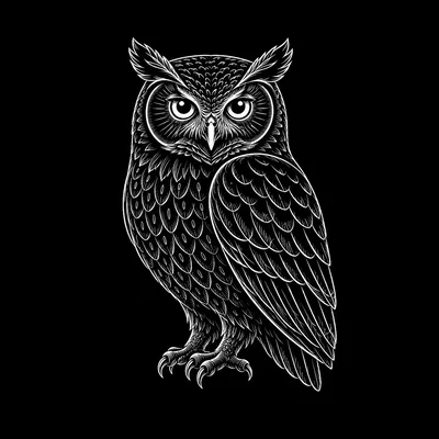 Detailed White Line Art Illustration Of An Owl
