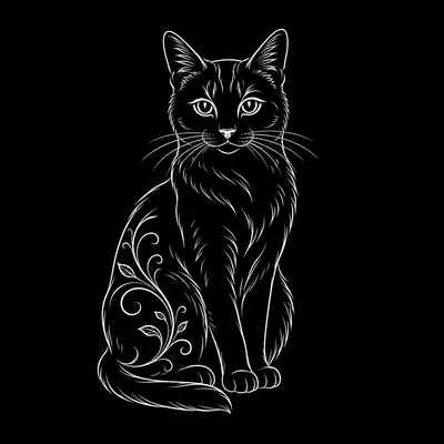 White Line Art Illustration Of A Seated Cat