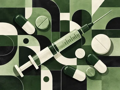 Medical Syringe And Assorted Pills On Geometric Background