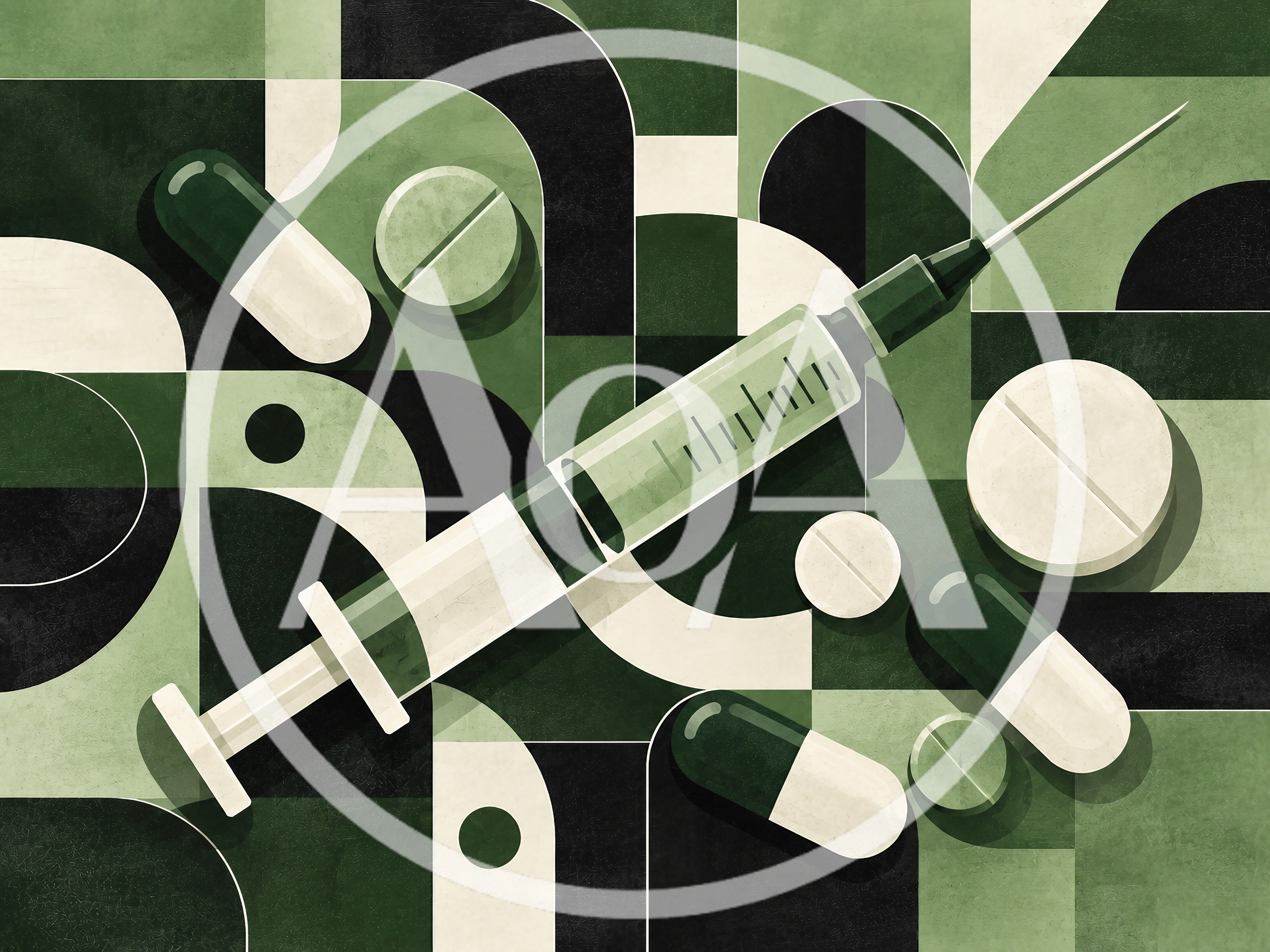 Medical Syringe And Assorted Pills On Geometric Background