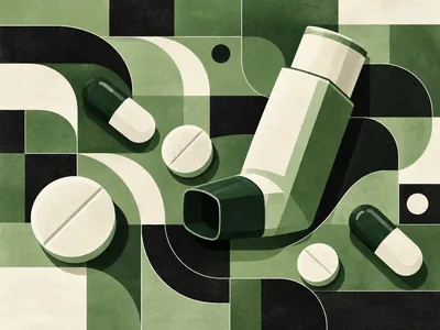 Medical Inhaler And Assorted Pills On Geometric Background