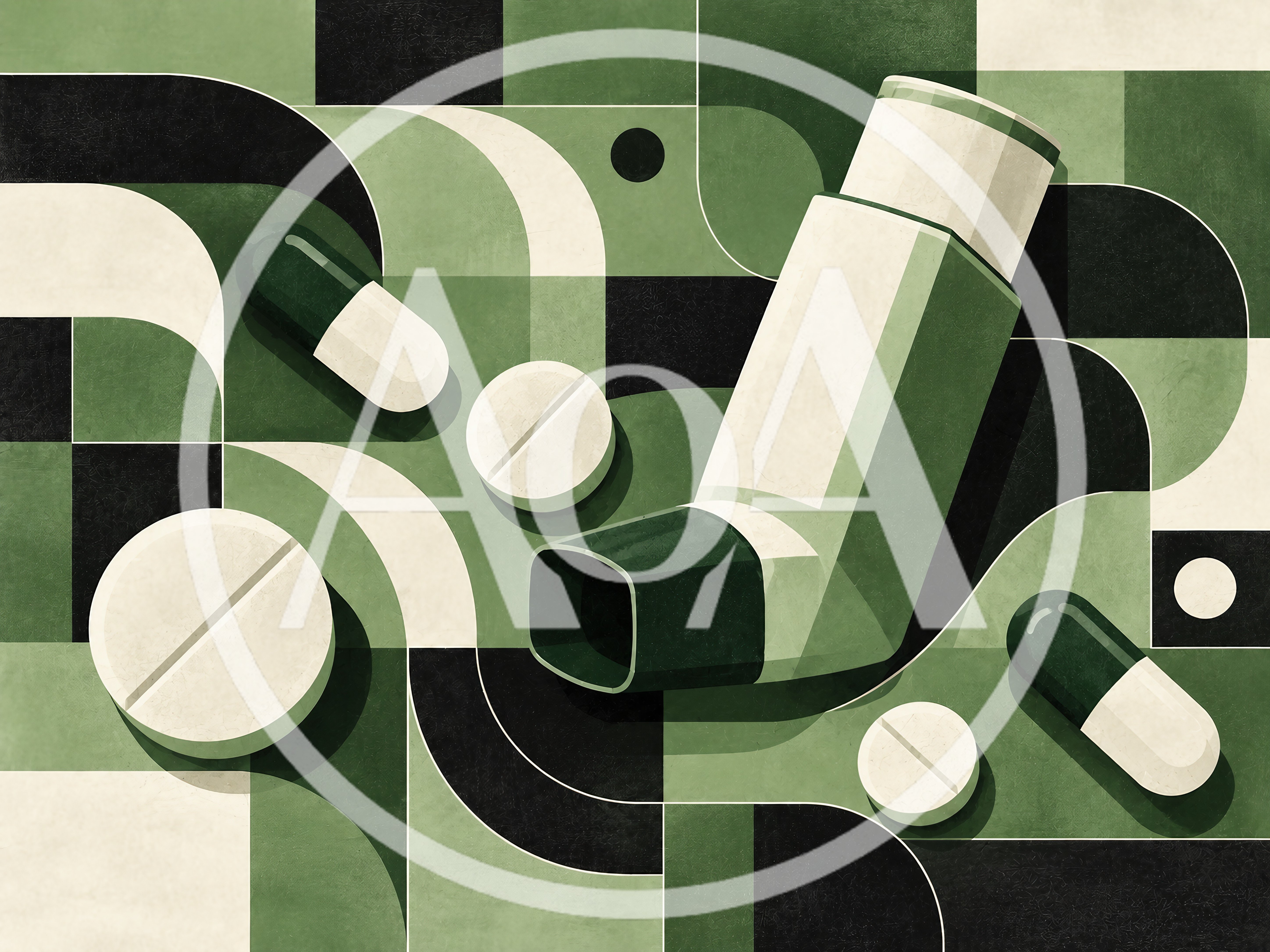 Medical Inhaler And Assorted Pills On Geometric Background