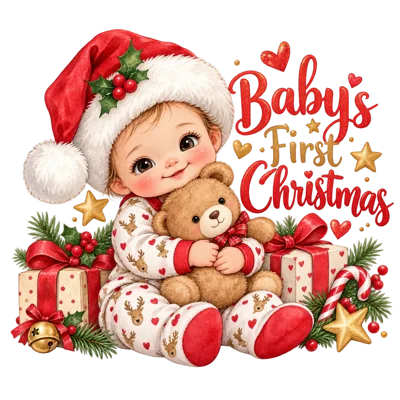 Cute Baby Wearing Santa Hat Holding Teddy Bear