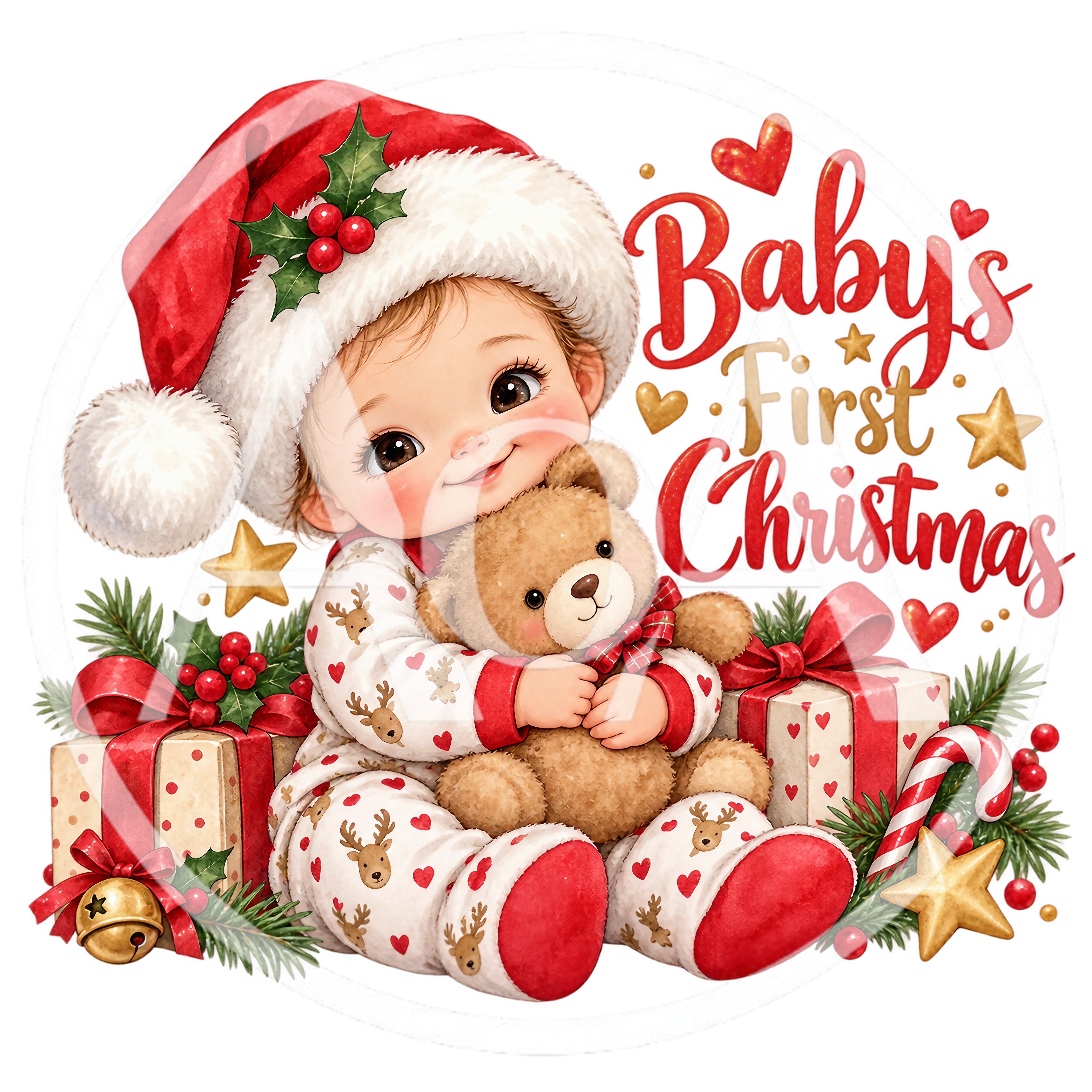 Cute Baby Wearing Santa Hat Holding Teddy Bear