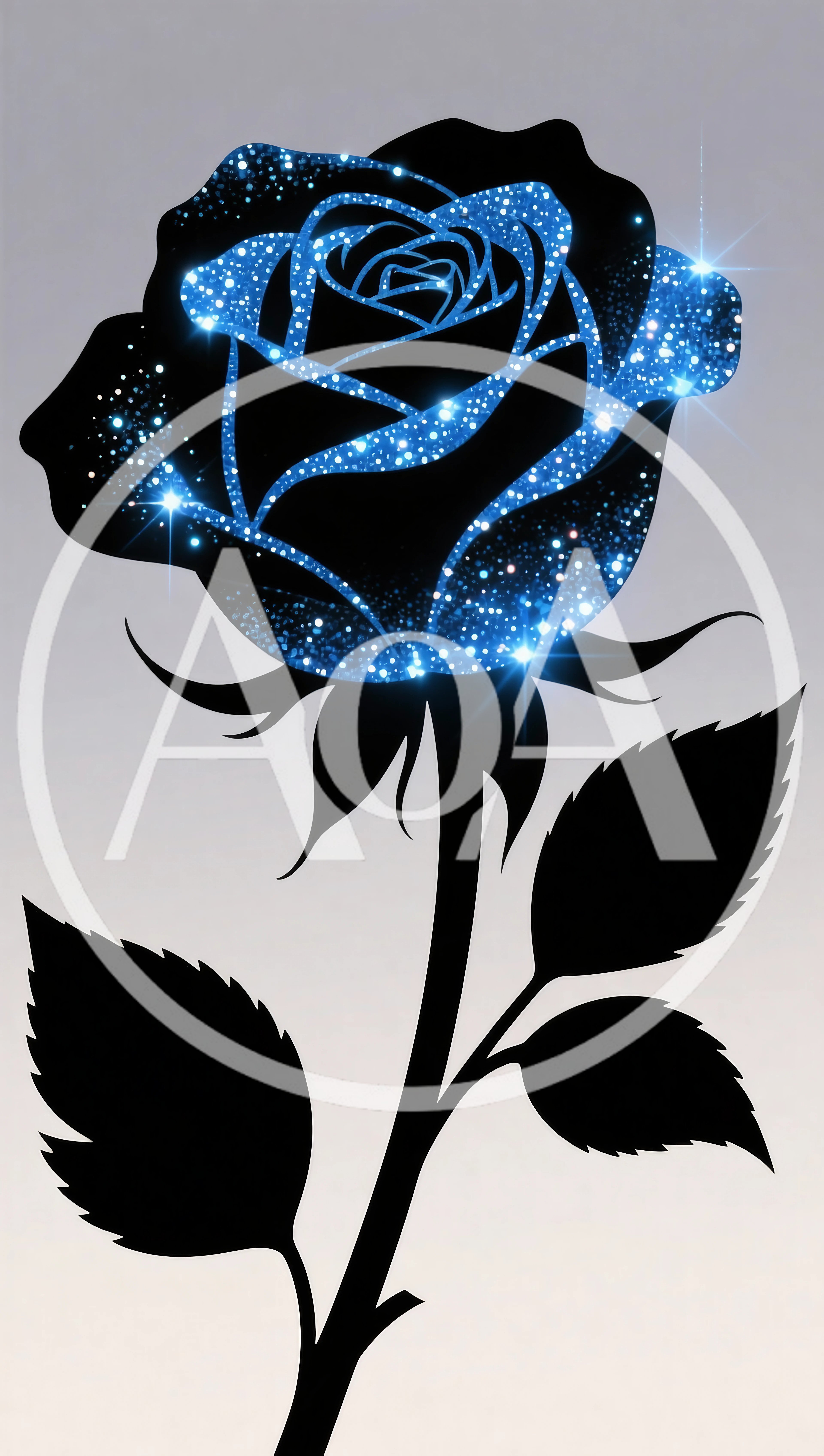 Stylized Black Silhouette Rose With Blue Glitter Petals