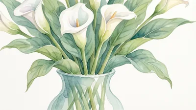 Watercolor Painting Of White Calla Lilies In Glass Vase
