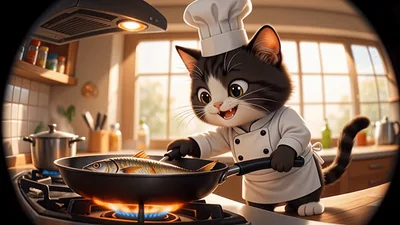 Cute Cartoon Cat Chef Cooking Fish In Kitchen
