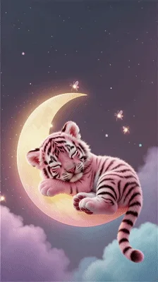 Cute Pink Tiger Cub Sleeping On A Crescent Moon