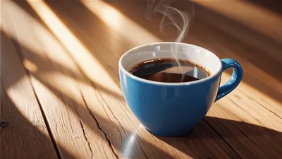 Steaming Blue Coffee Cup on Wooden Table