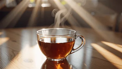 Steaming Glass Cup of Tea on Wooden Table