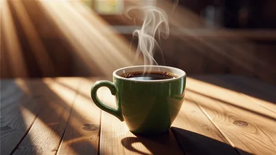 Steaming Green Coffee Cup on Wooden Table