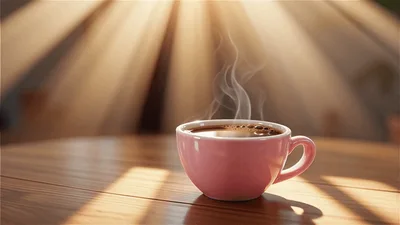 Steaming Pink Coffee Cup on Wooden Table