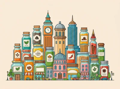 Cityscape Illustration Composed Of Spice Jars And Buildings