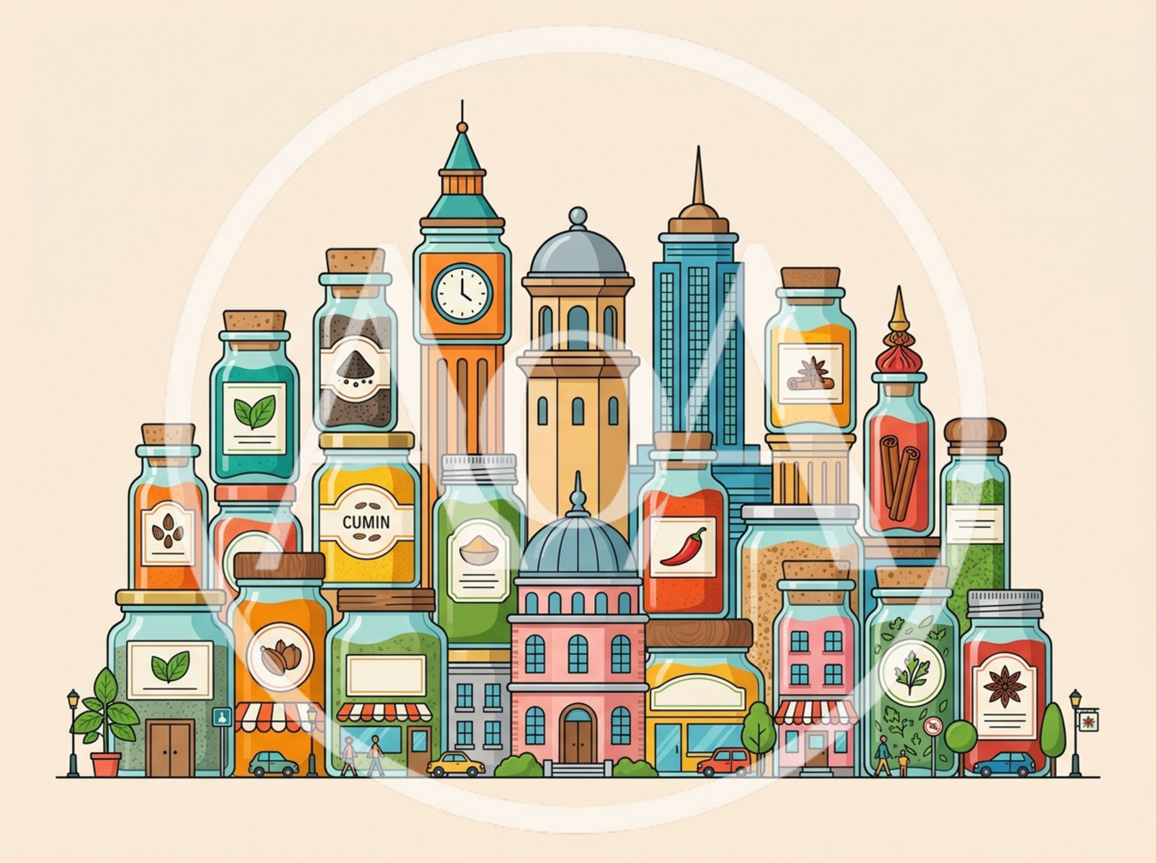 Cityscape Illustration Composed Of Spice Jars And Buildings