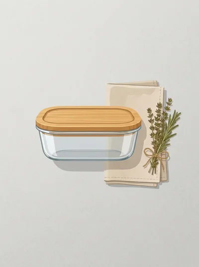 Glass Food Container With Wooden Lid And Herbs