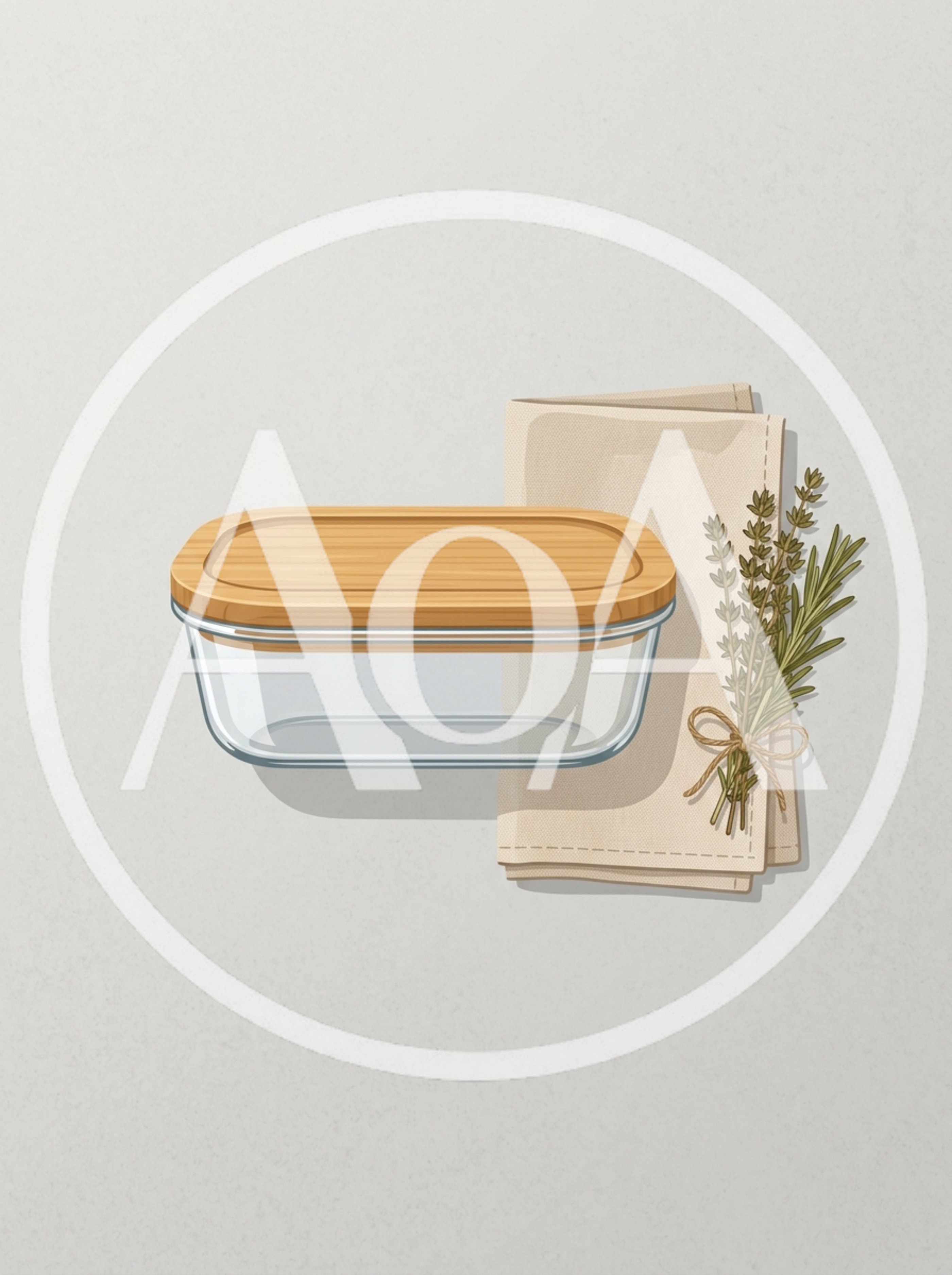 Glass Food Container With Wooden Lid And Herbs