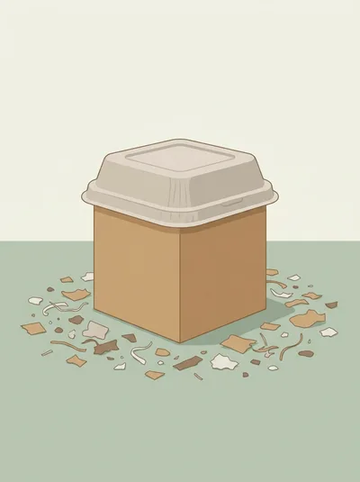 Cardboard Takeout Box With Scattered Paper Scraps