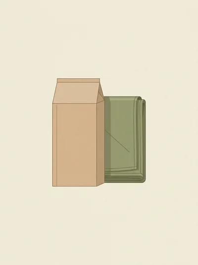 Minimalist Illustration Of A Paper Bag And Green Blanket