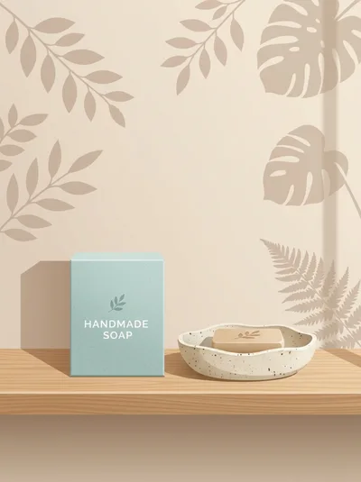 Handmade Soap Bar and Packaging on Wooden Shelf