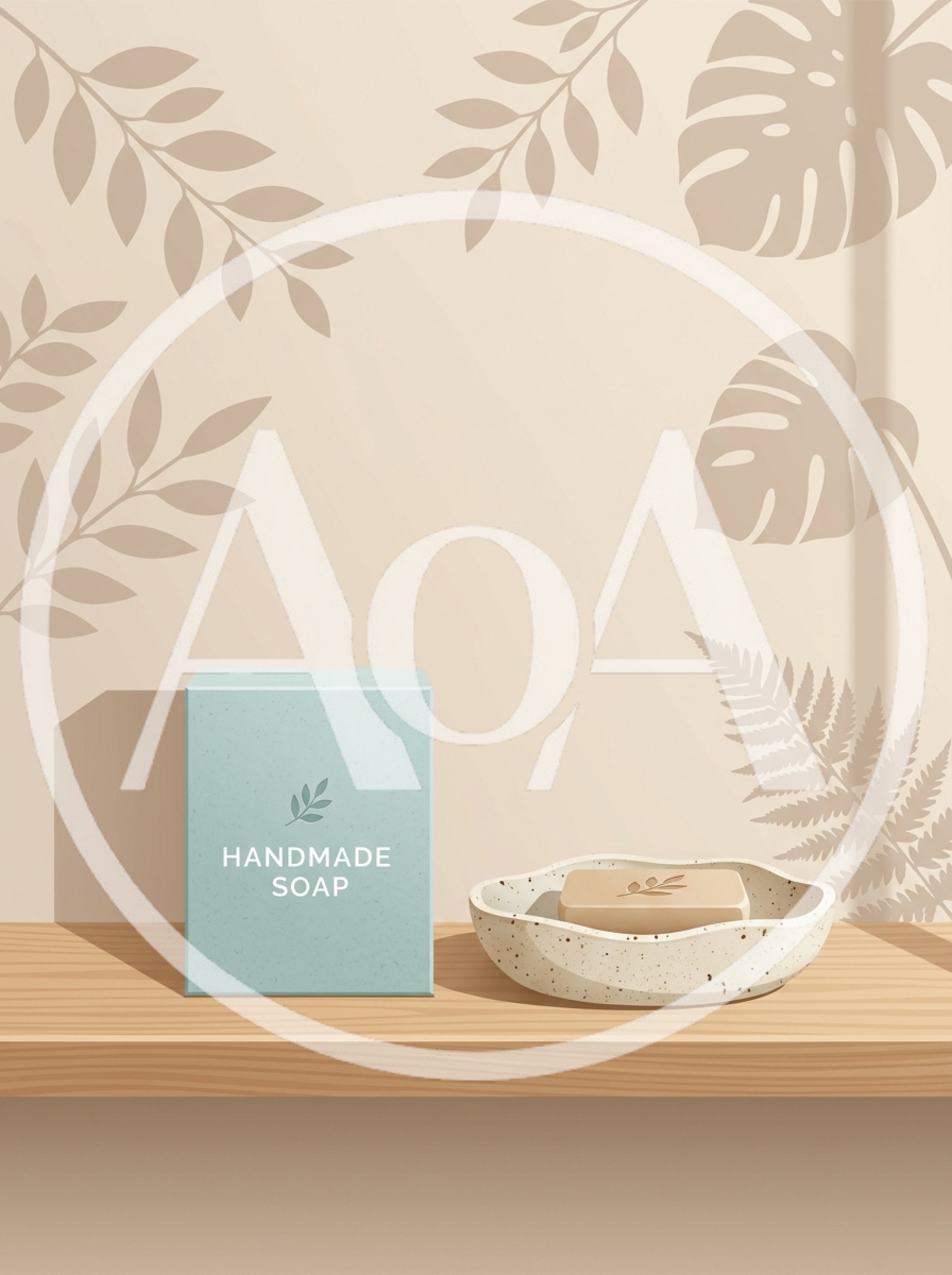 Handmade Soap Bar and Packaging on Wooden Shelf
