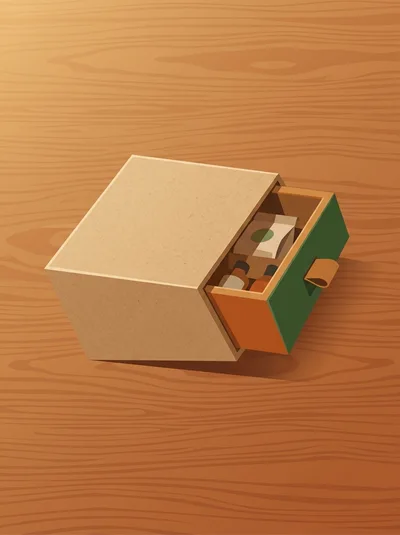 Open Cardboard Drawer Box With Small Bottles And Package