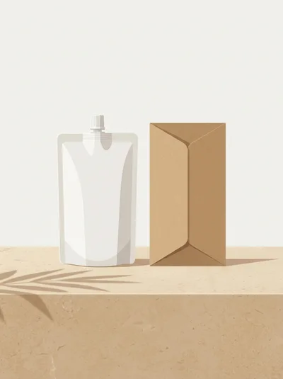 White Spout Pouch and Brown Paper Box Mockup