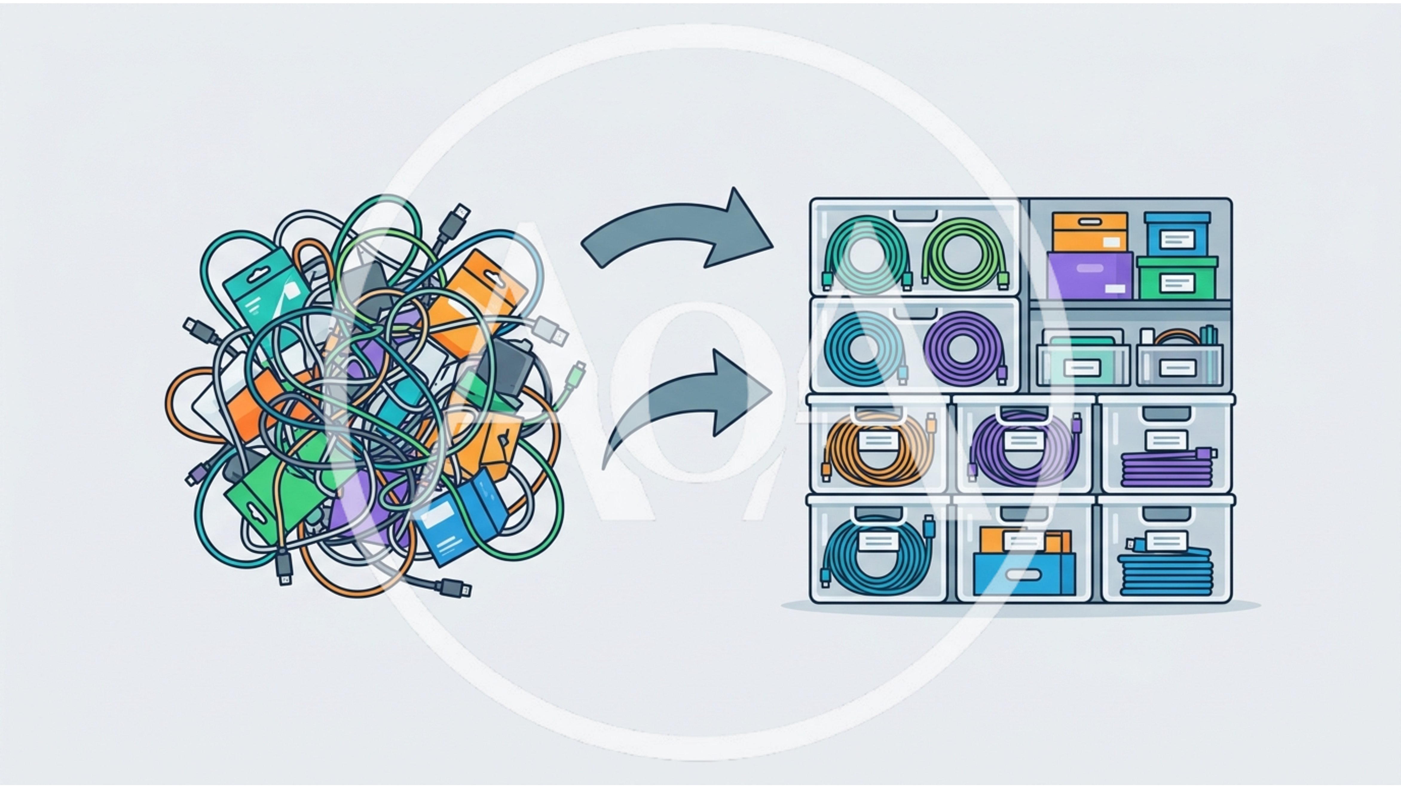 Organizing Tangled Cables Into Labeled Storage Bins