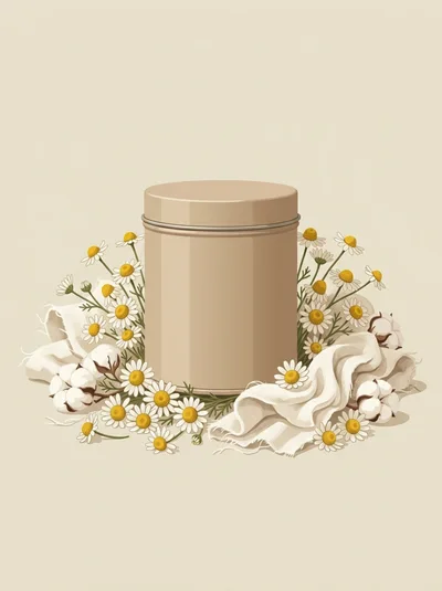 Beige Cosmetic Jar Surrounded By Chamomile Flowers And Cotton