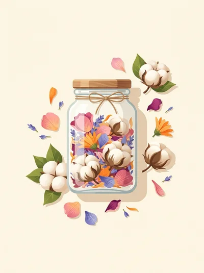 Glass Jar Filled With Cotton Flowers And Petals