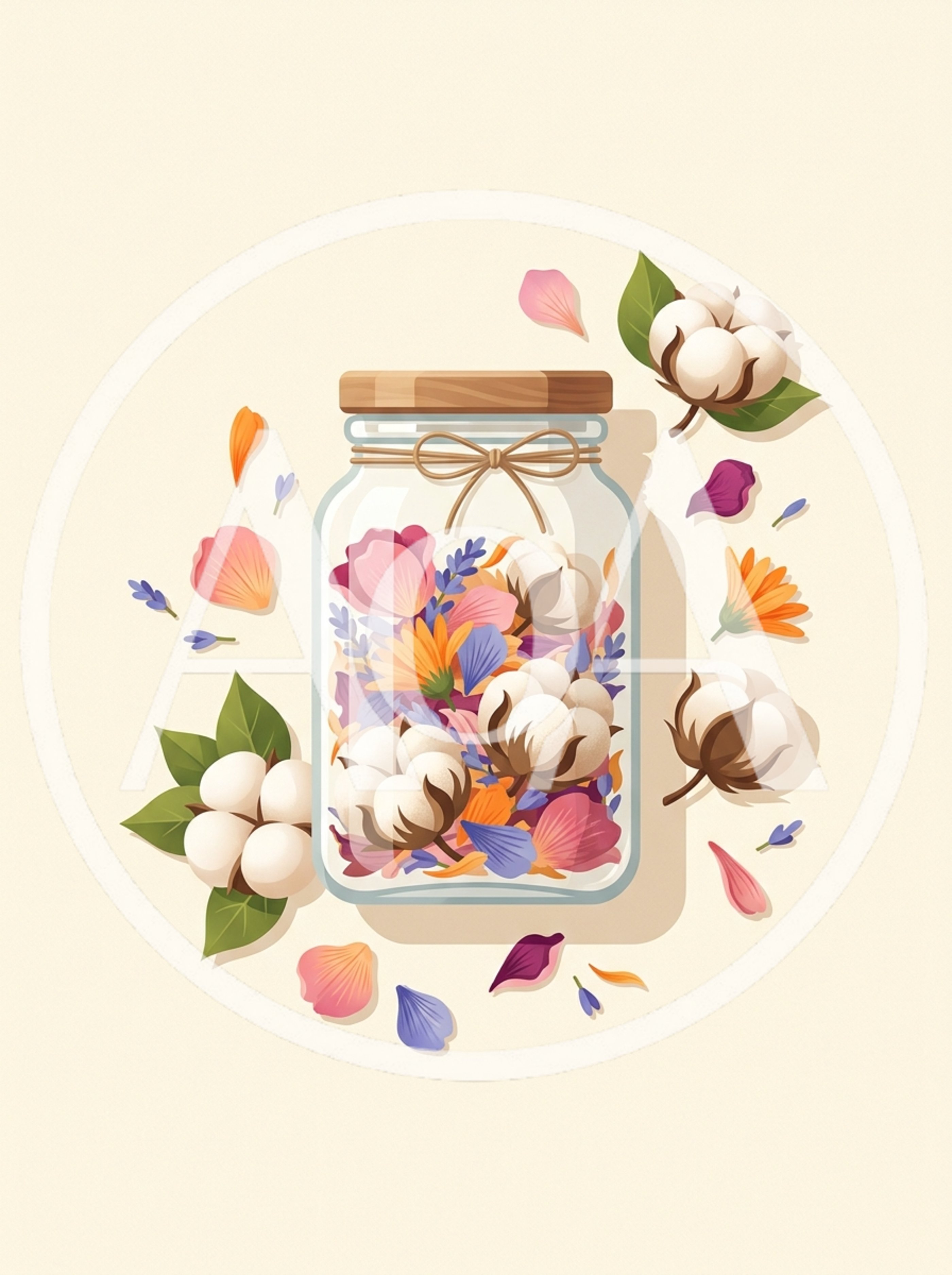 Glass Jar Filled With Cotton Flowers And Petals