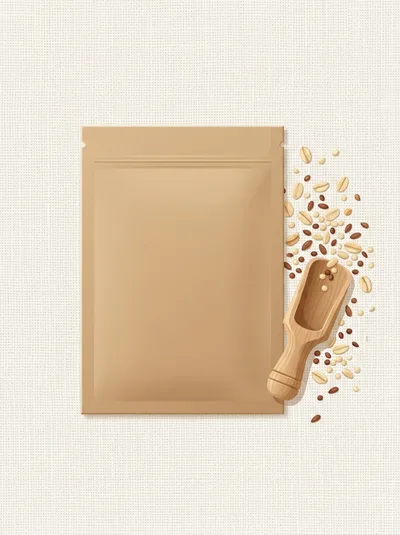 Kraft Paper Pouch Mockup with Wooden Scoop and Grains