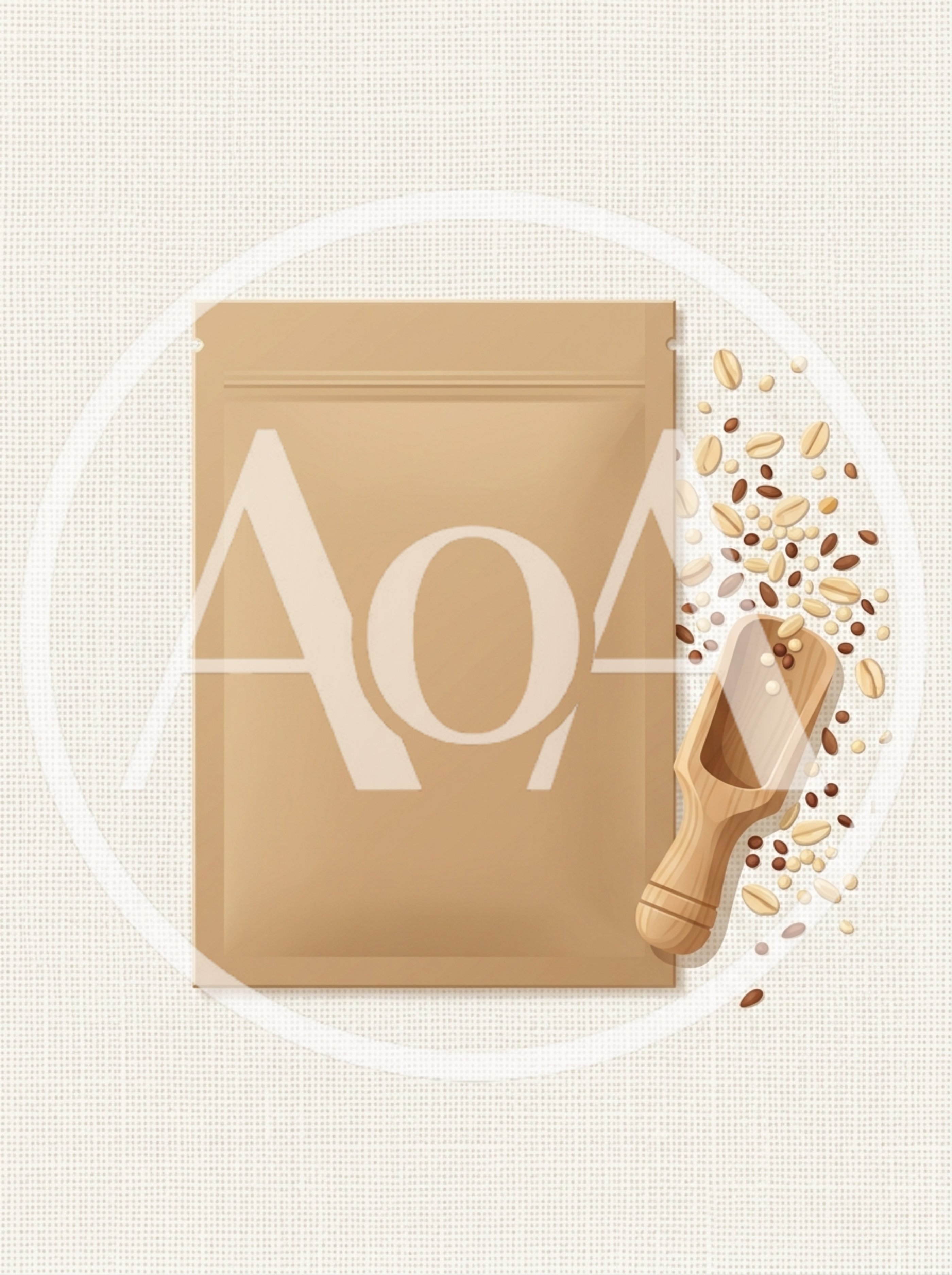 Kraft Paper Pouch Mockup with Wooden Scoop and Grains