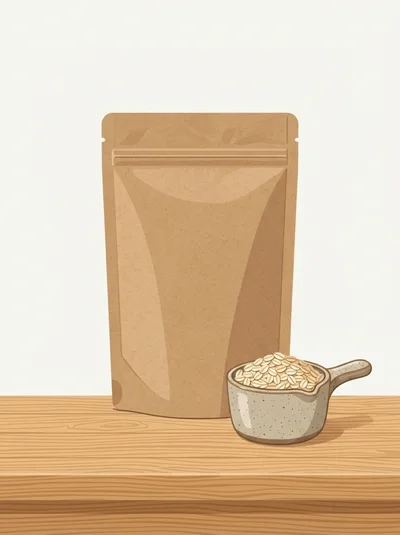 Brown Paper Pouch With A Scoop Of Rolled Oats