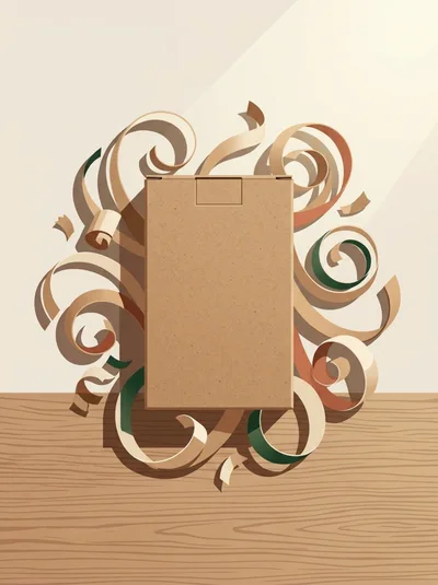 Cardboard Box Surrounded By Decorative Paper Swirls