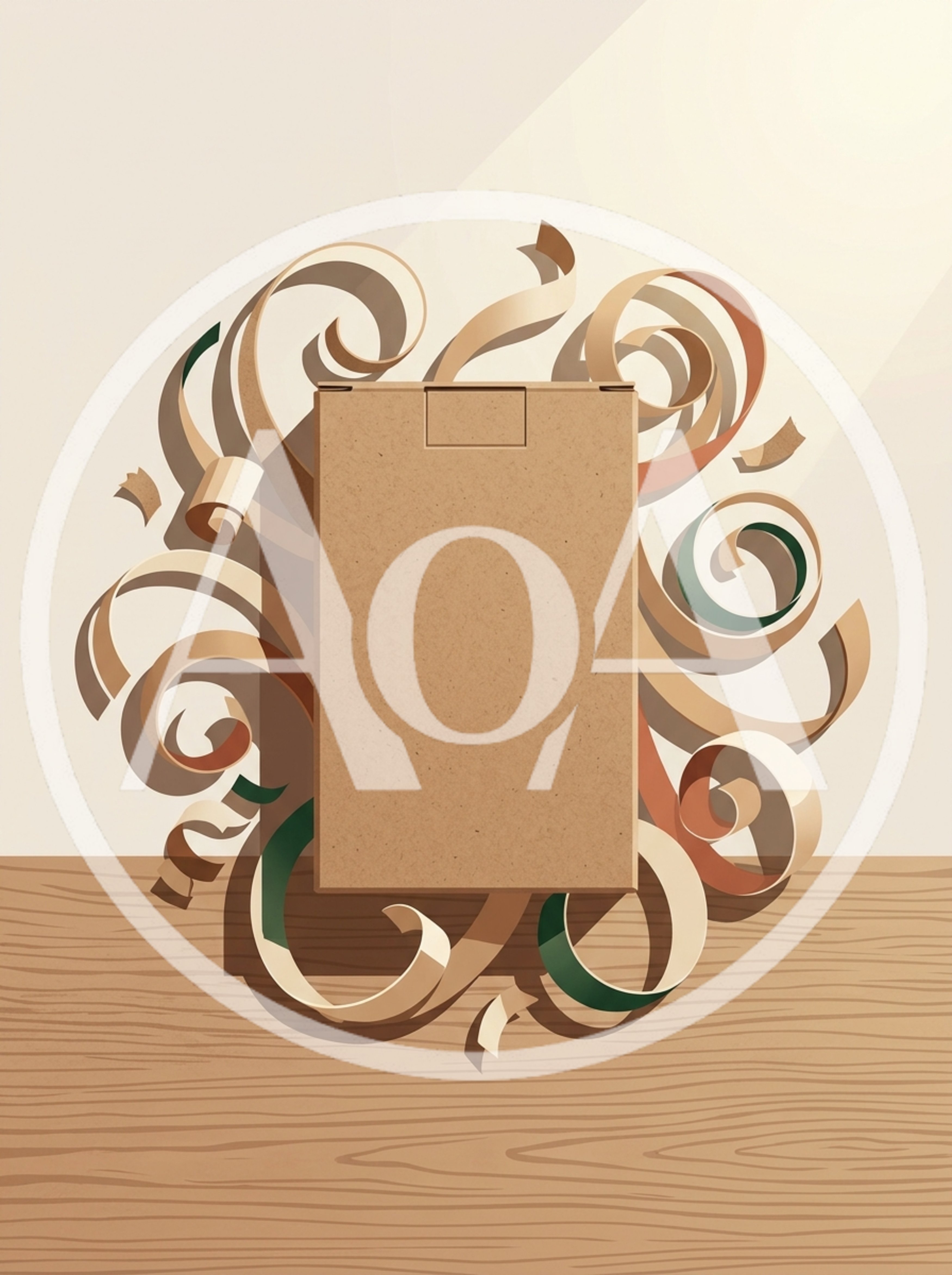 Cardboard Box Surrounded By Decorative Paper Swirls