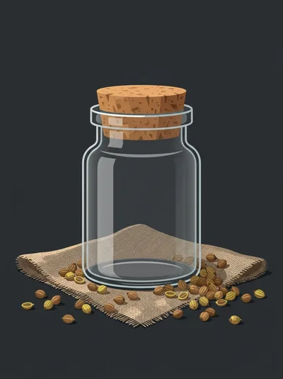 Empty Glass Jar With Cork Stopper And Coriander Seeds