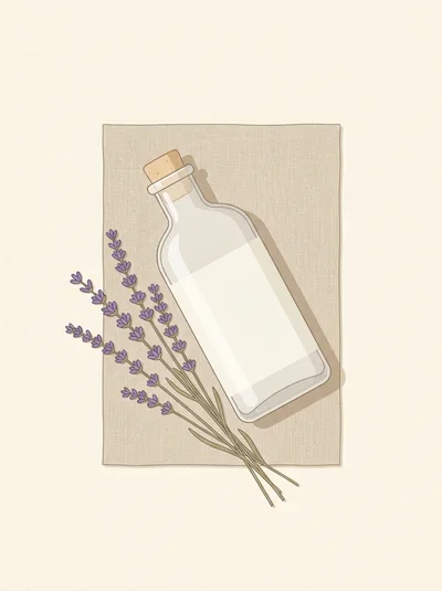 Lavender Sprigs And Glass Bottle On Linen Fabric