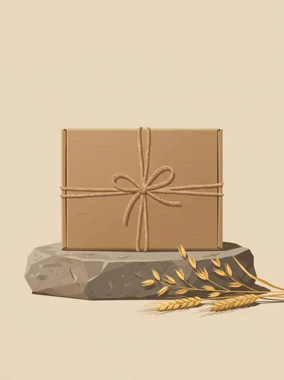 Cardboard Gift Box On Stone Pedestal With Wheat