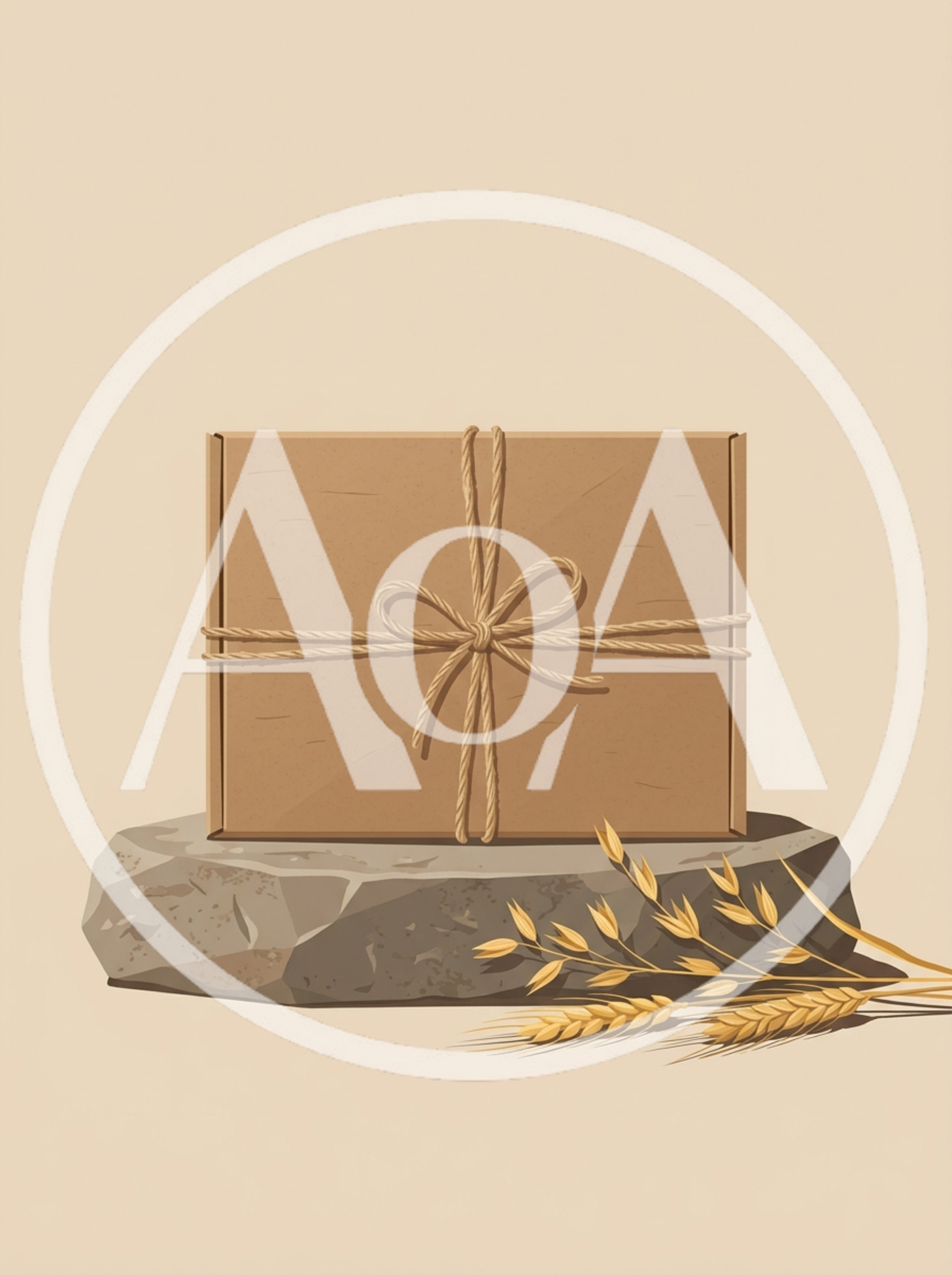 Cardboard Gift Box On Stone Pedestal With Wheat