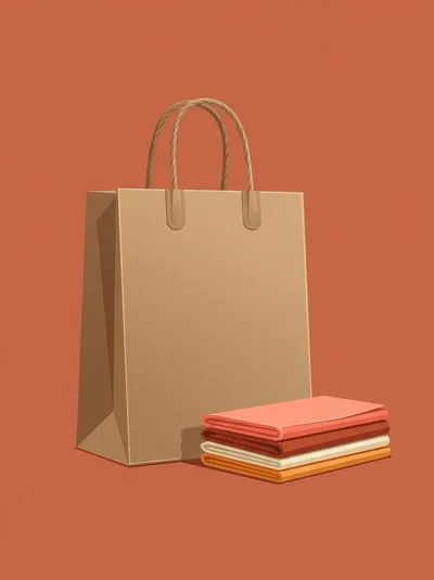 Brown Paper Shopping Bag With Folded Fabric Stack