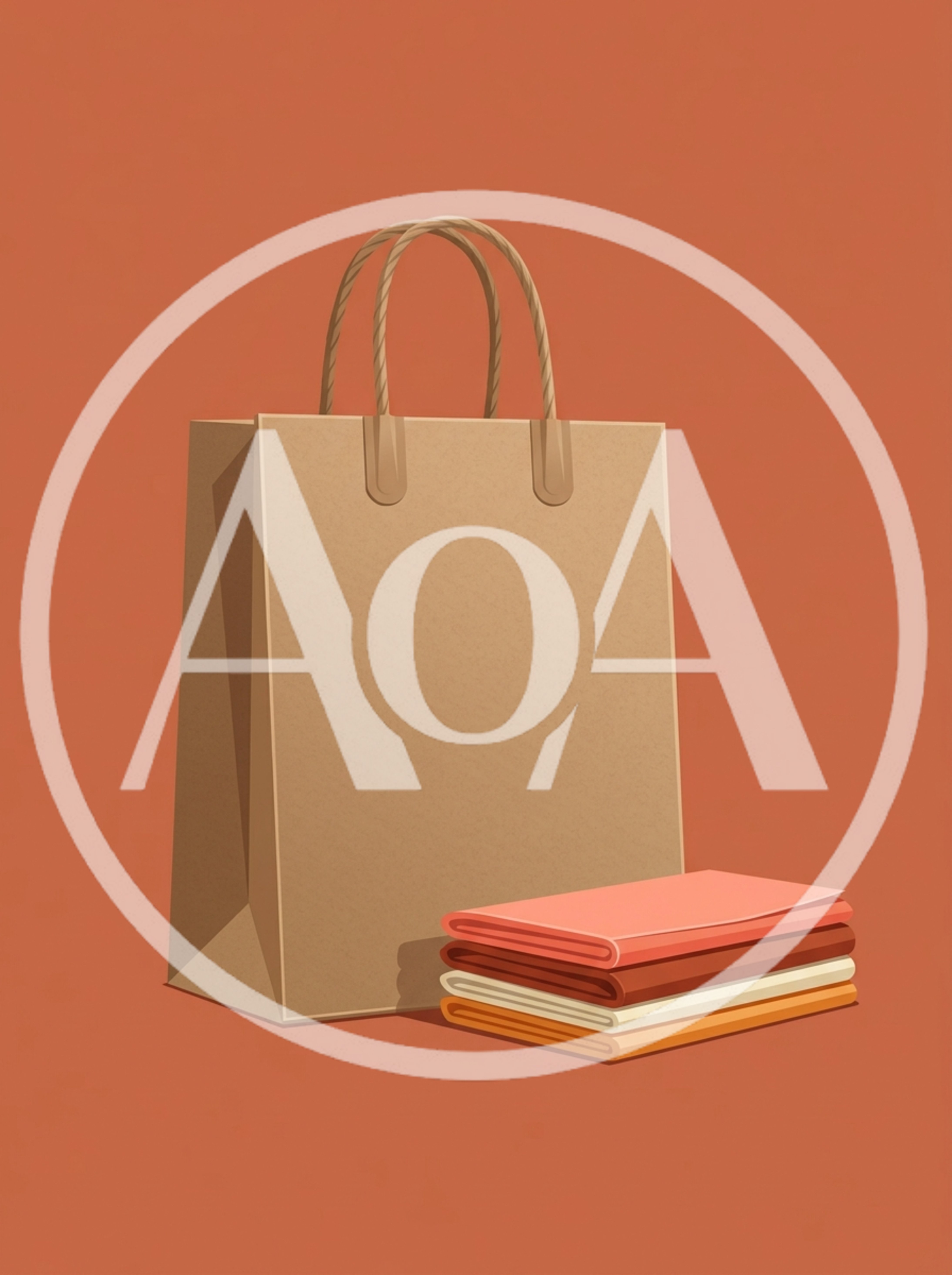 Brown Paper Shopping Bag With Folded Fabric Stack