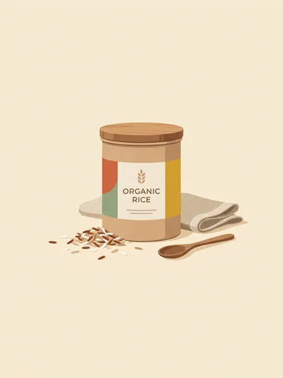 Organic Rice Container With Wooden Spoon And Grains