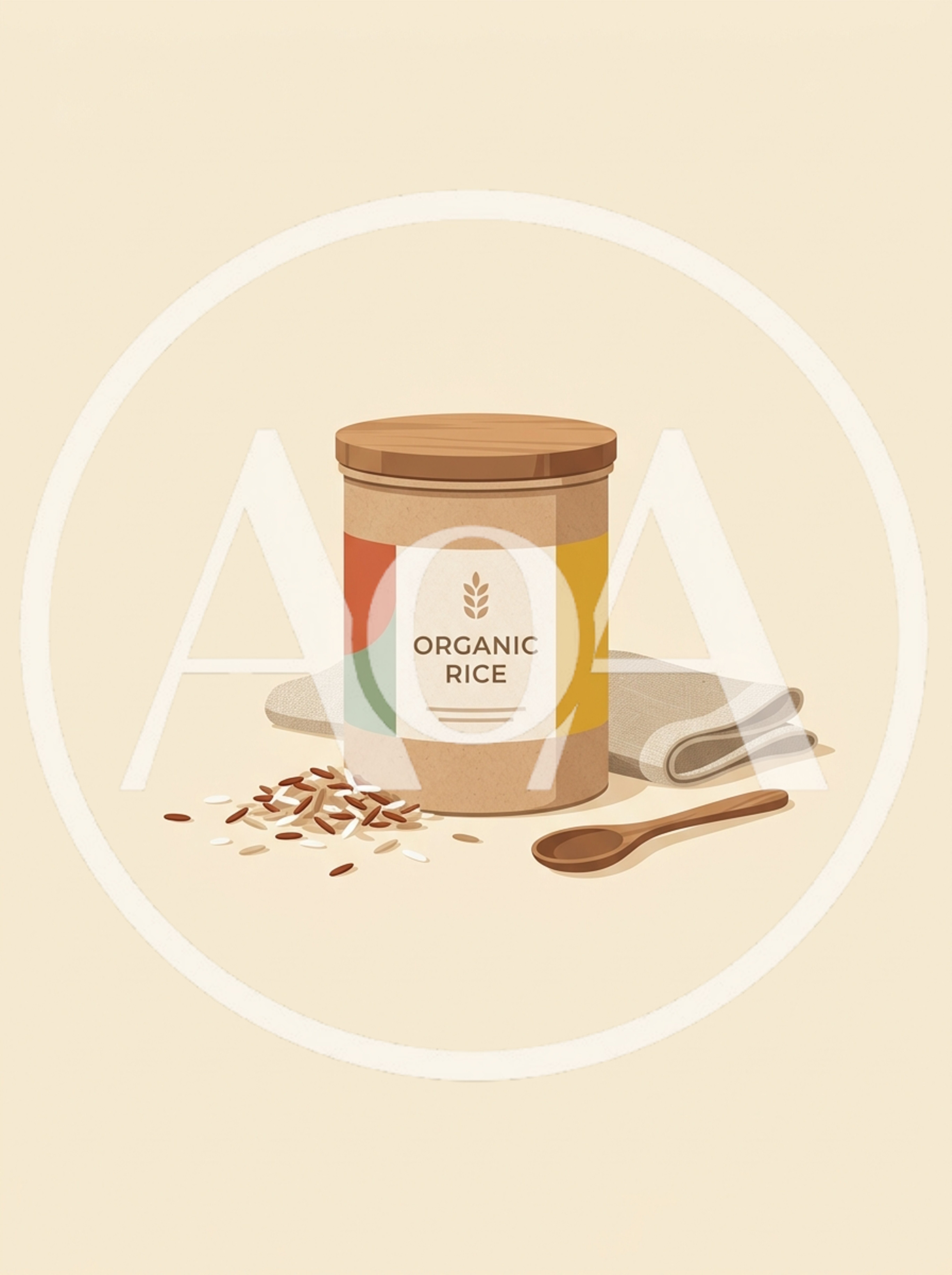 Organic Rice Container With Wooden Spoon And Grains